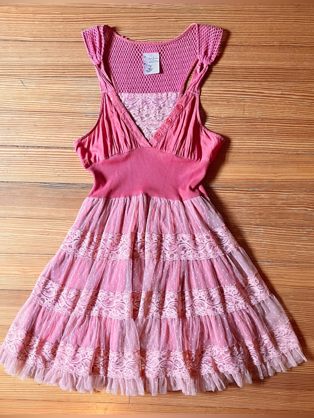 Free People Cotton and Mesh Overlay Crochet Dress in Coral Pink Sz 4